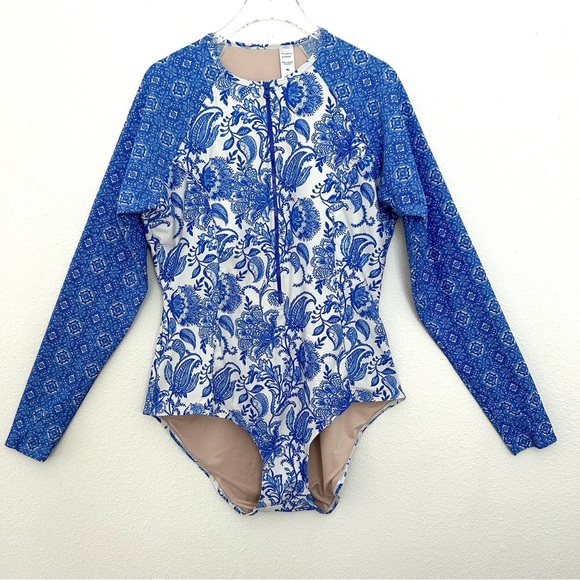 Coolibar Escalante Long Sleeve Swimsuit Blue Porcelain Zip Sun UPF 50 Size XL - Picture 1 of 12